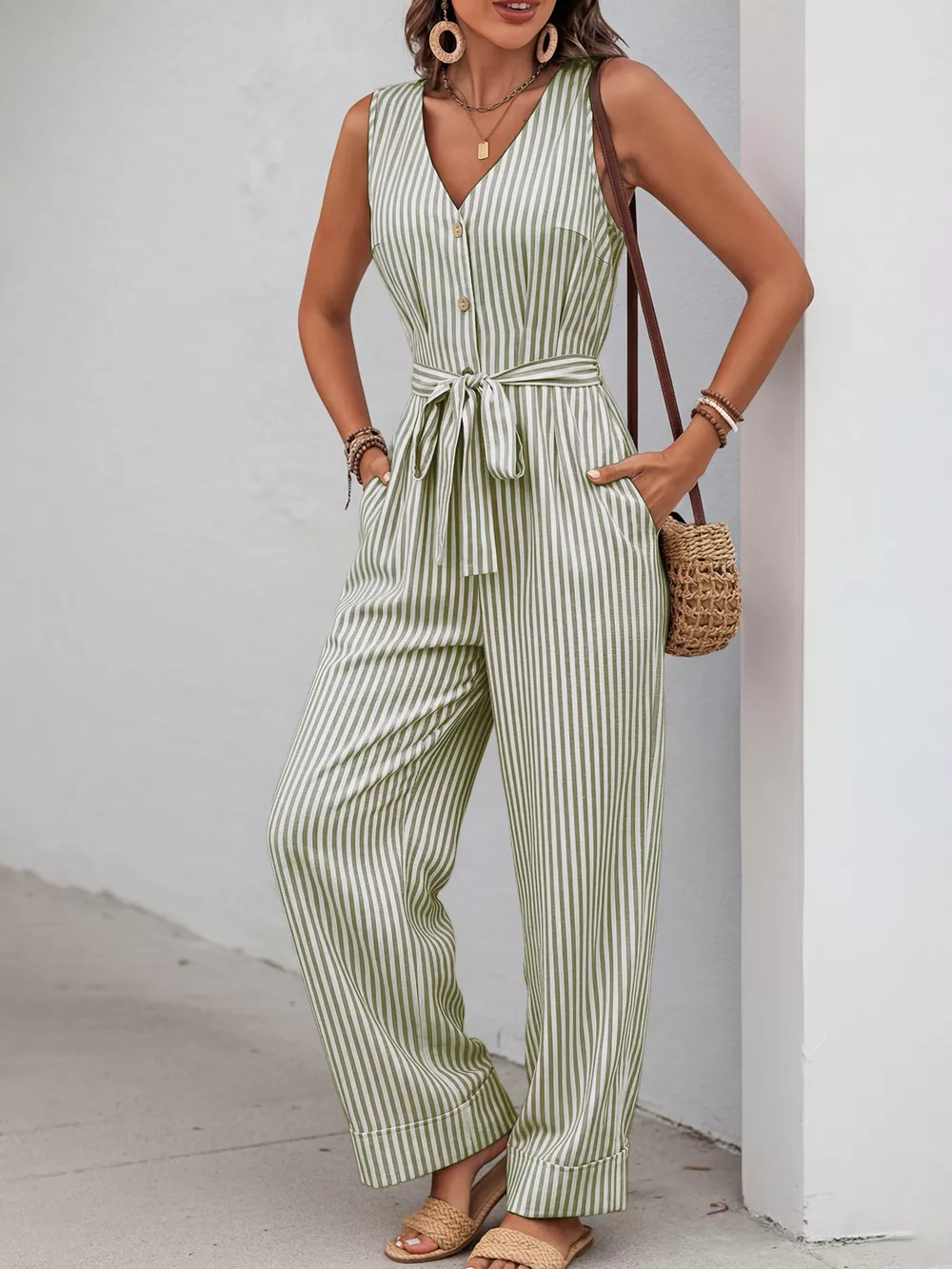 Striped Button-Front Tie Waist Wide Leg Jumpsuit, image 7