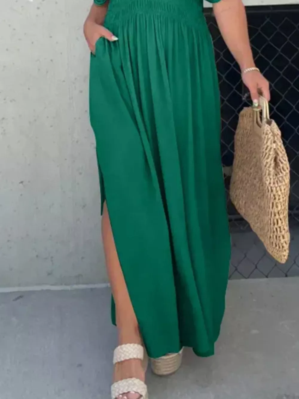 Full Size Slit V-Neck Smocked Waist Maxi Dress Plus Size, image 17