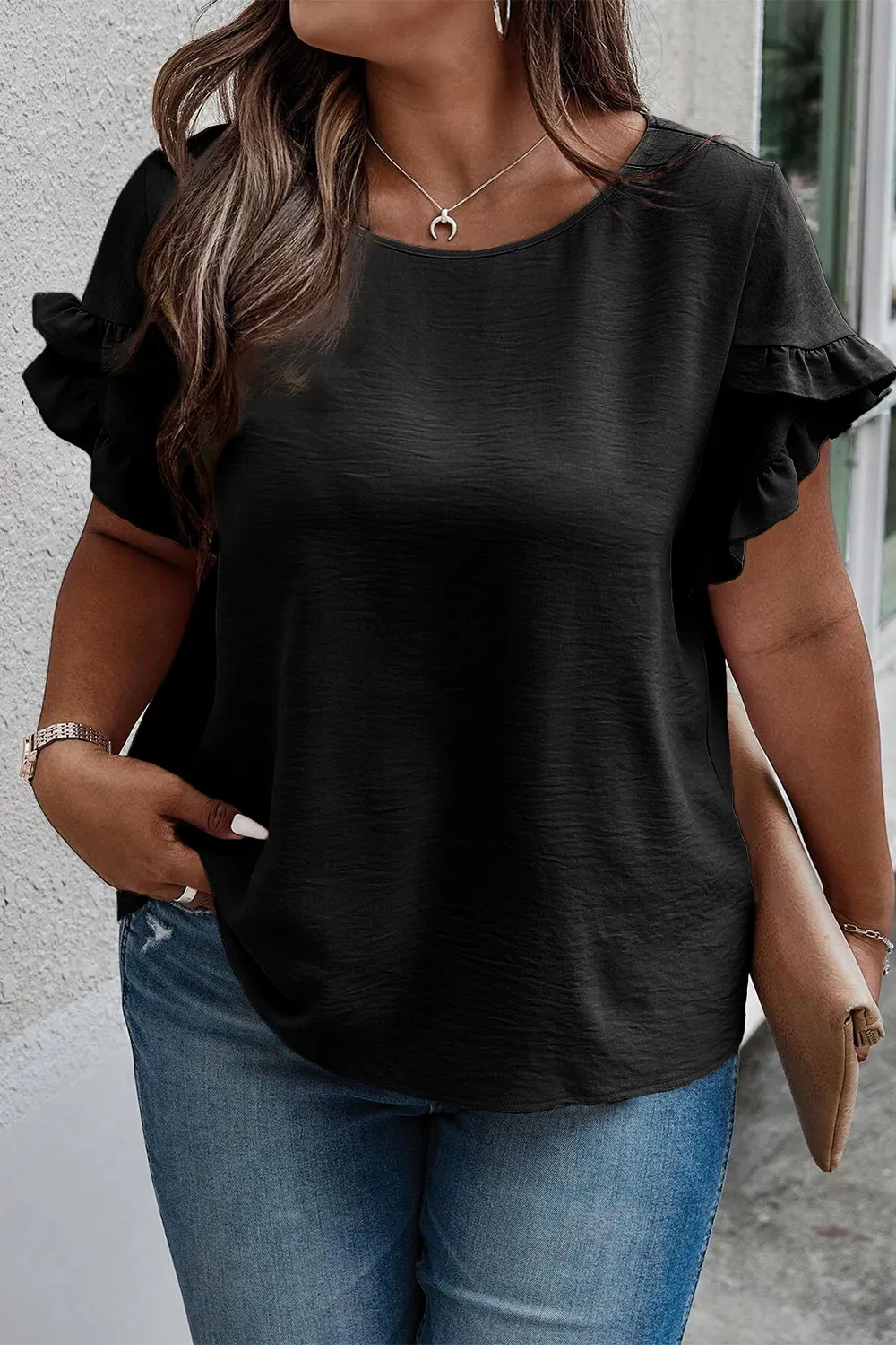 Plus Size Ruffled Round Neck Short Sleeve Blouse, image 2