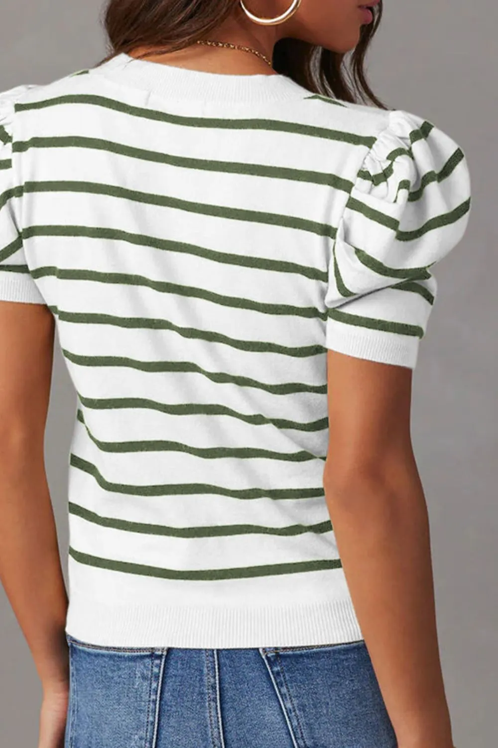 Striped Round Neck Puff Sleeve Knit Top, image 7