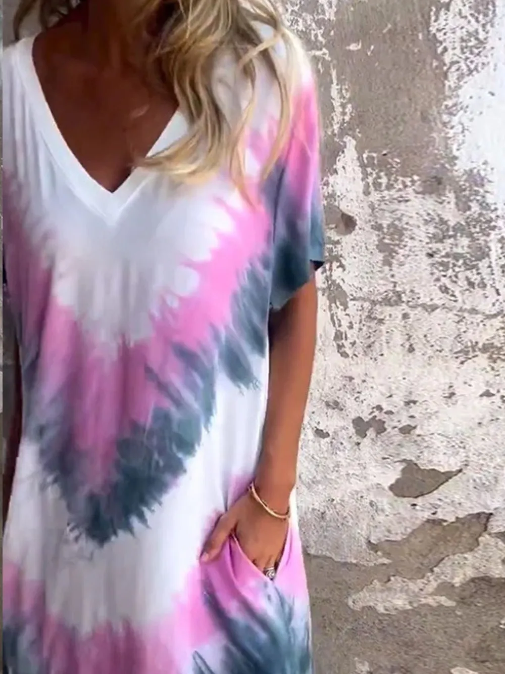 Full Size Tie-Dye V-Neck Midi Dress with Pockets Plus Size, image 3