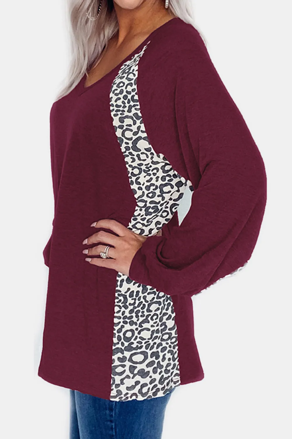 Full Size Leopard V-Neck Long Sleeve T-Shirt, image 12
