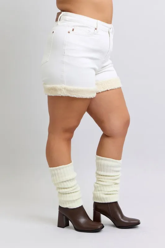 Full Size High Waist Shearling Cuff Denim Shorts Plus Size, image 3
