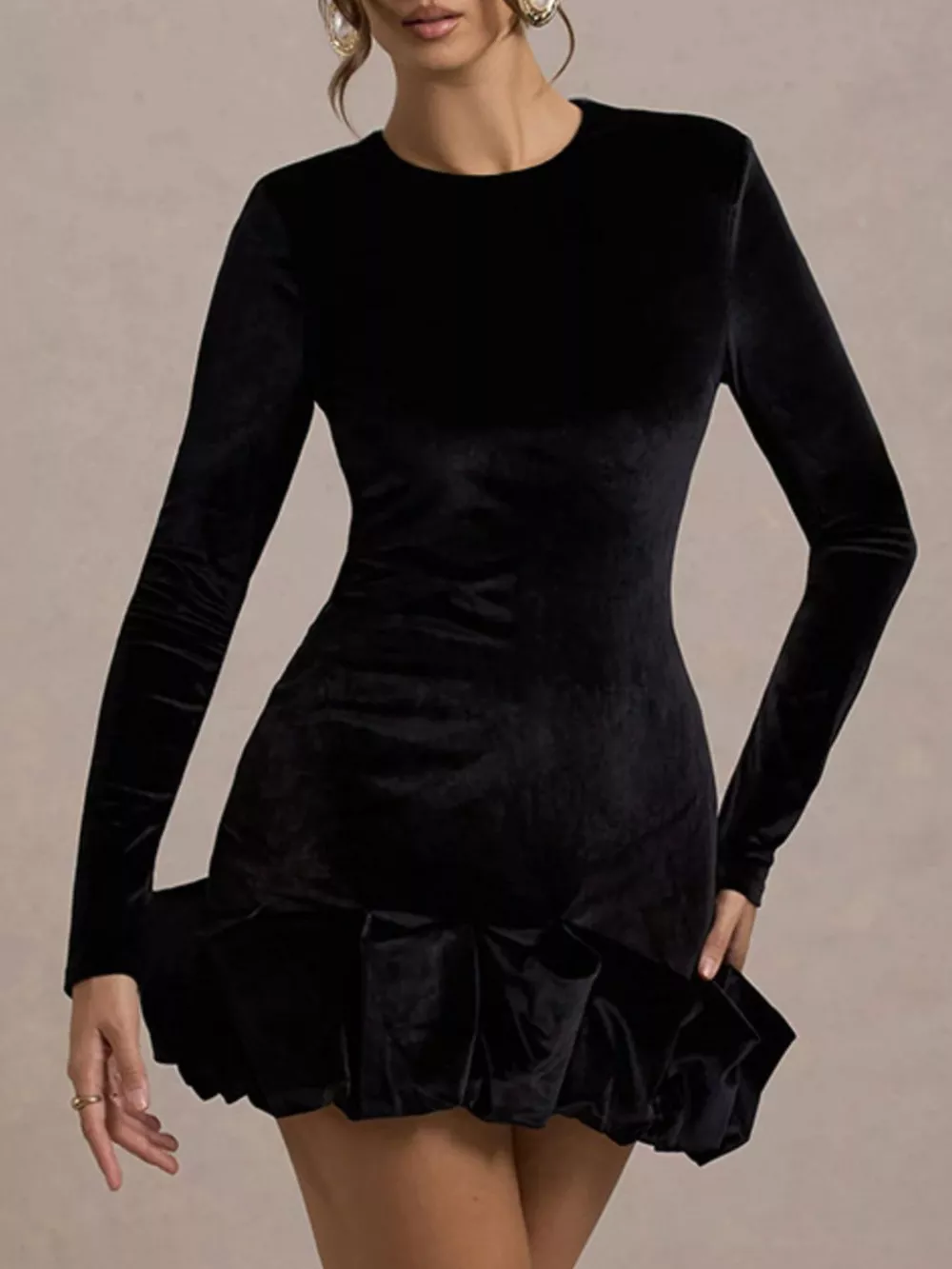 Velvet Ruched Hem Long Sleeve Dress, image 2