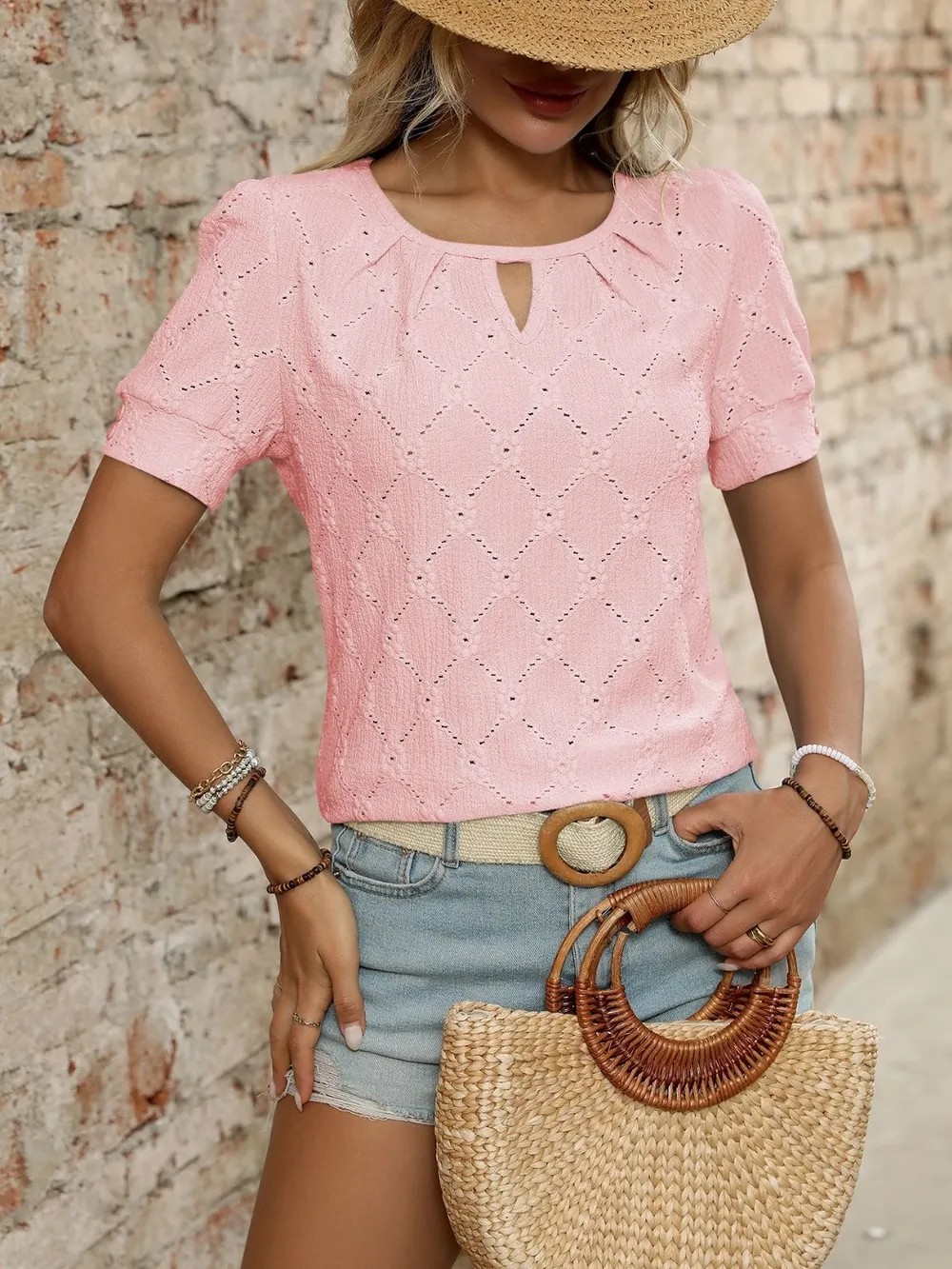 Eyelet Round Neck Short Sleeve Top, image 7