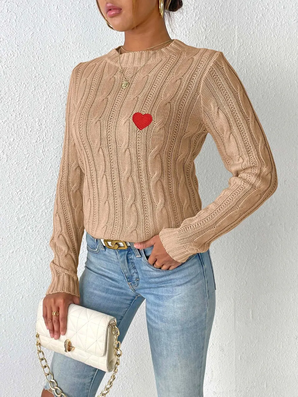 Cable-Knit Heart Round Neck Long Sleeve Sweater, image 12