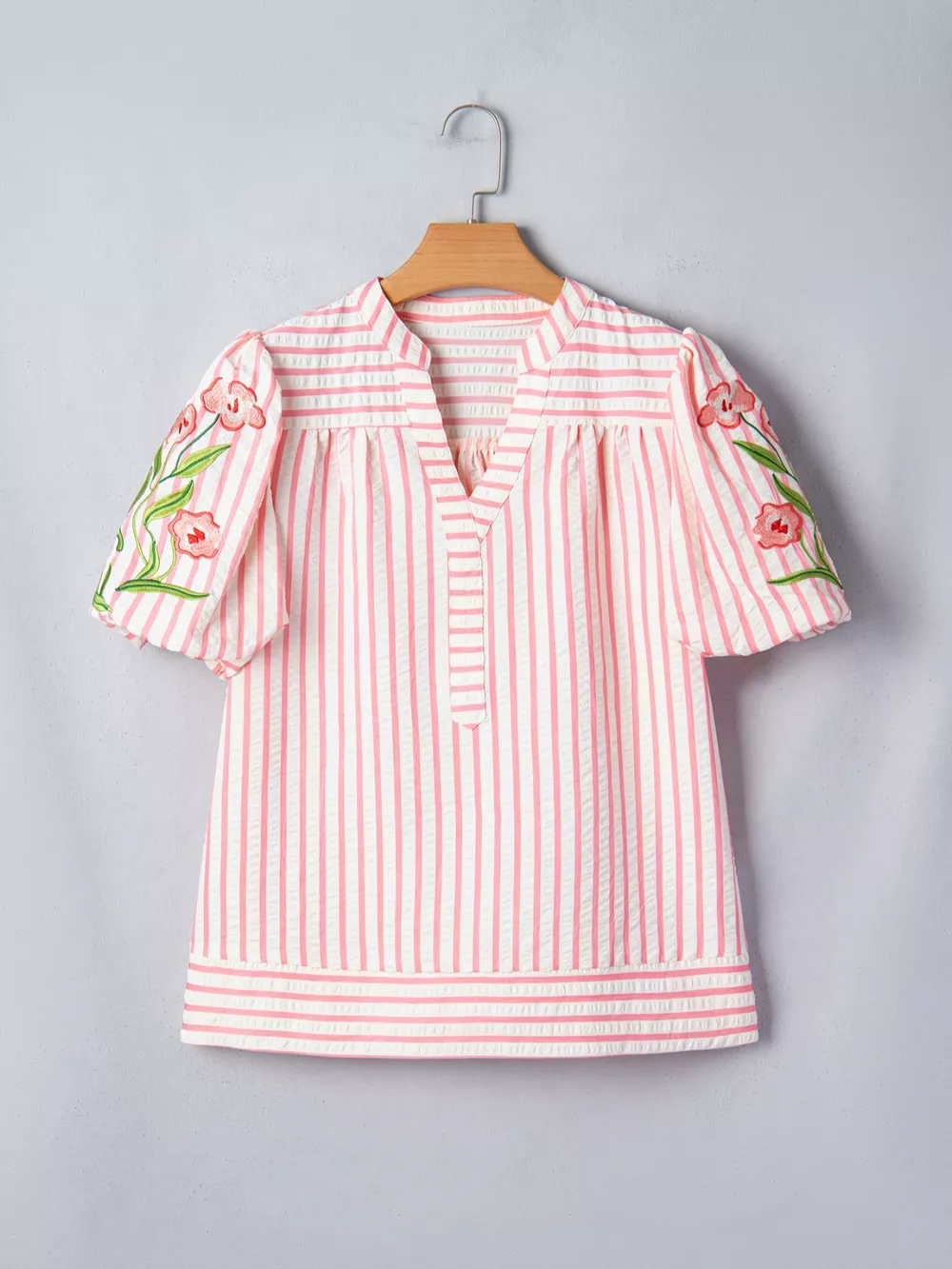 Stripe Print Floral Embroidered Puff Sleeve V Neck Blouse, image 4