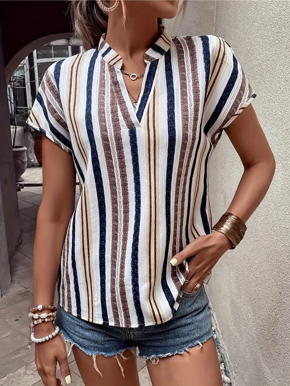 Striped Notched Short Sleeve Shirt, image 6