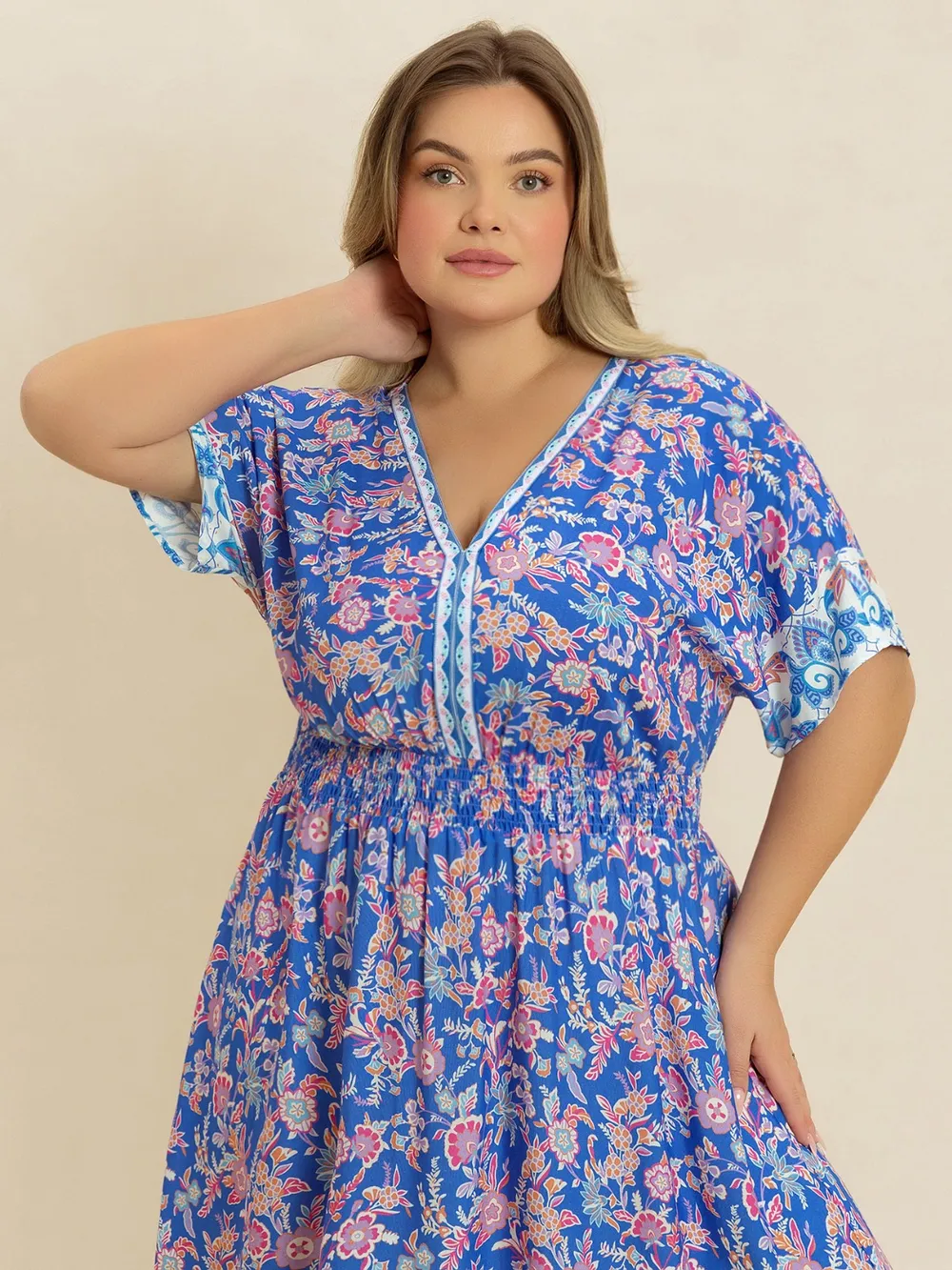 Plus Size Smocked Printed Half Sleeve Midi Dress, image 4