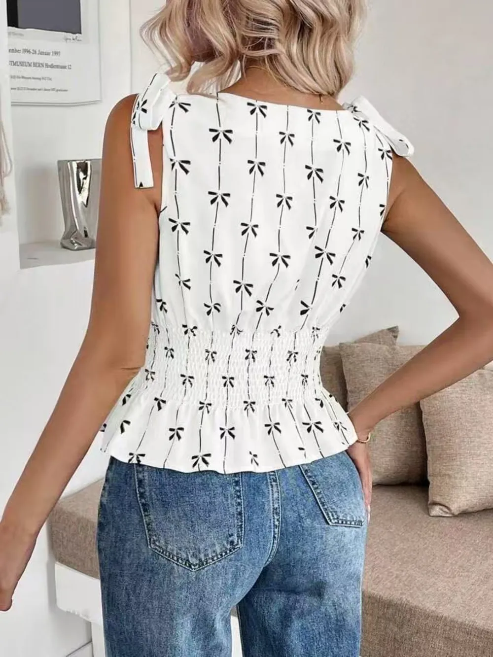 Bow Print Tie Shoulder Tank, image 2