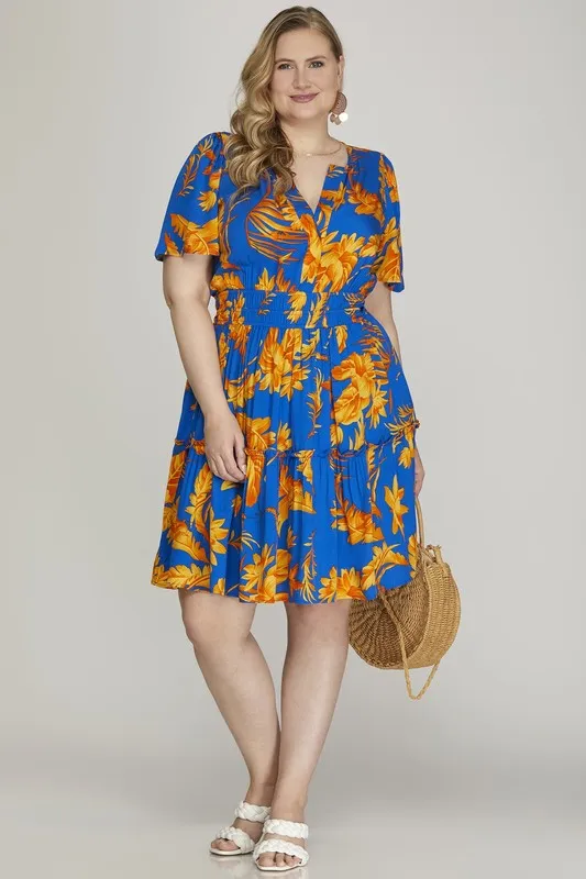 Full Size Printed Notched Short Sleeve Frill Tiered Dress Plus Size, image 5
