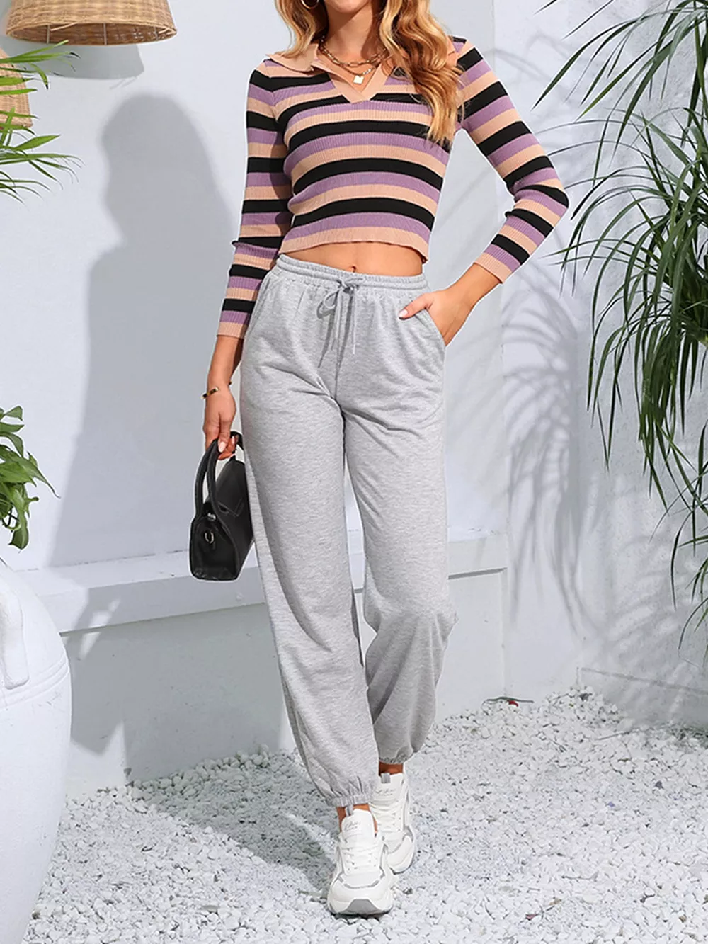 Striped Collared Cropped Knit Top, image 5