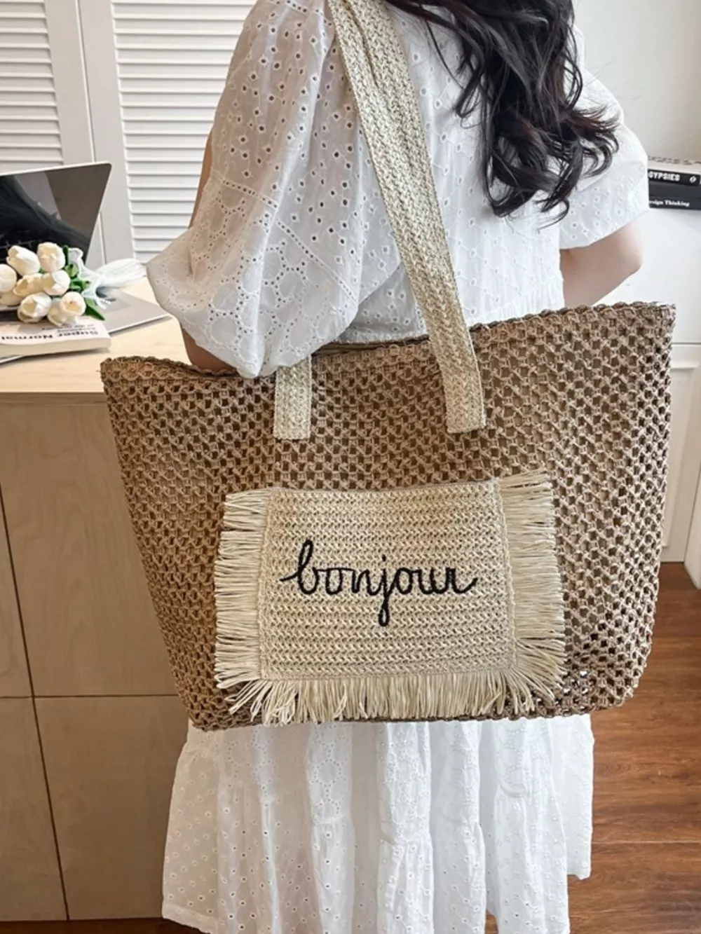 Fringe Straw Shoulder Bag, image 5