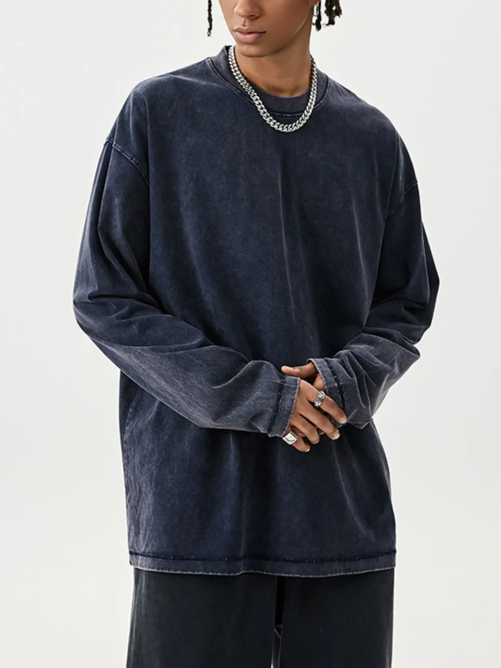 Men's Washed Round Neck Long Sleeve T-Shirt, image 3