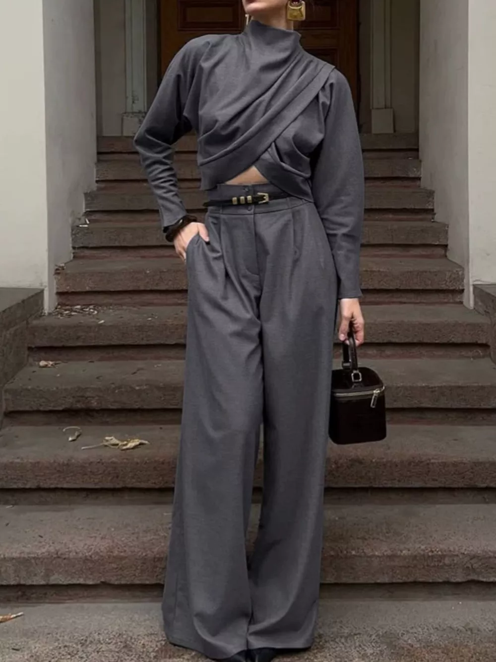 Draped Crop Top and Wide-Leg Pants Set, image 2