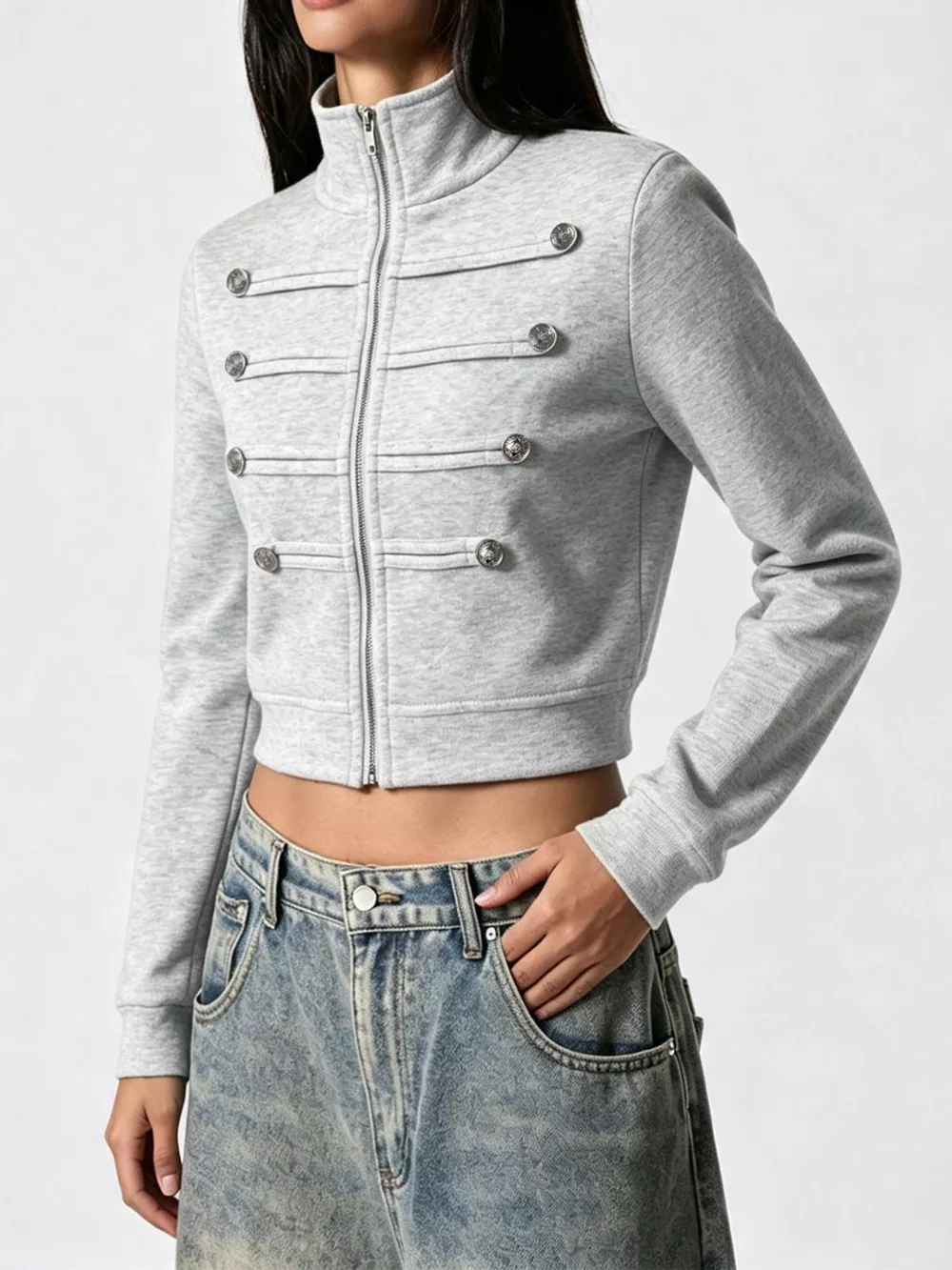 Cropped Zip-Up Outerwear with Decorative Buttons, image 4