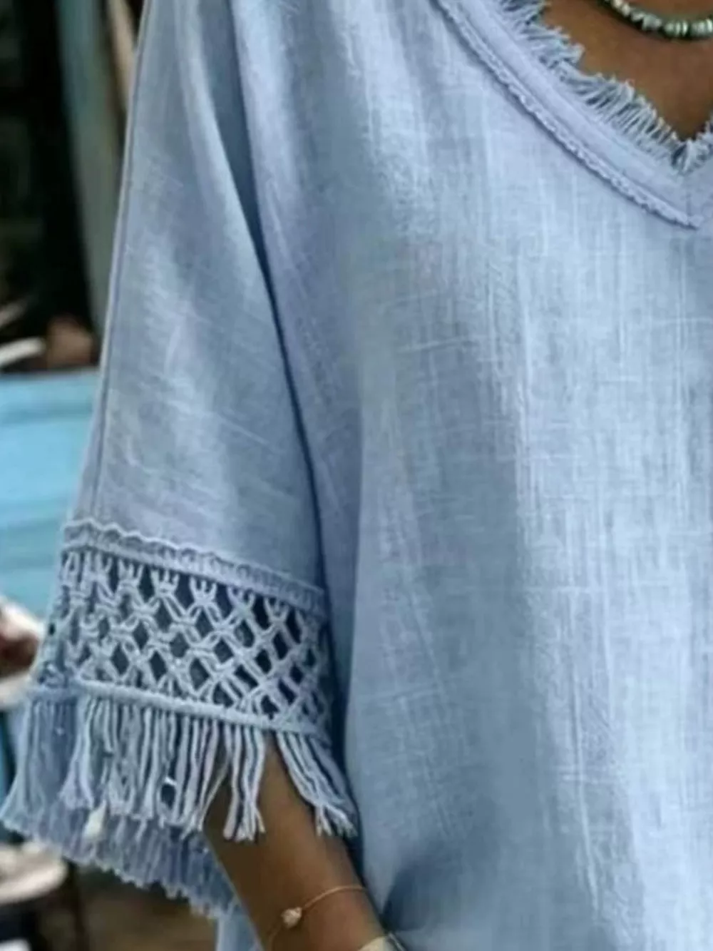 Full Size Fringe Trim V-Neck Loose Fit Blouse Plus Size, image 2