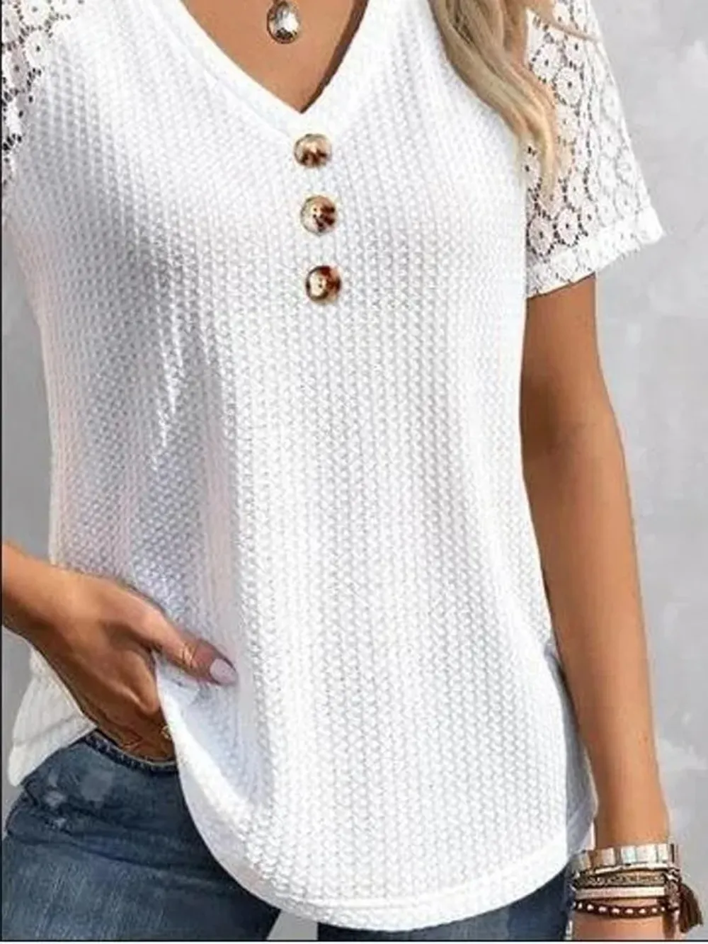Waffle-Knit V-Neck Short Sleeve Top, image 2