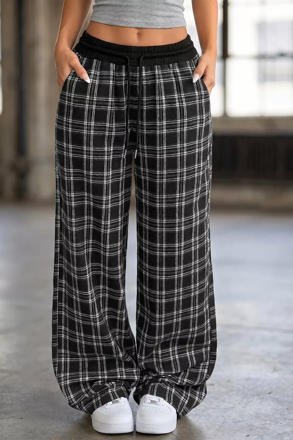 Plaid Wide-Leg Drawstring Pants, image 4