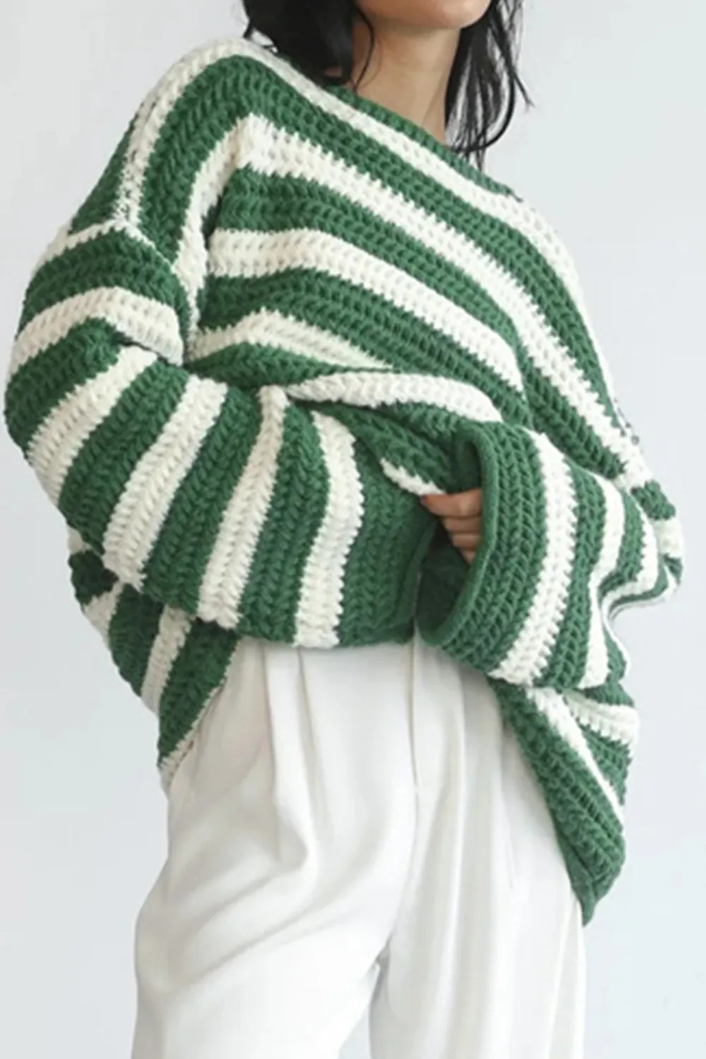 Striped Round Neck Dropped Shoulder Sweater, image 4