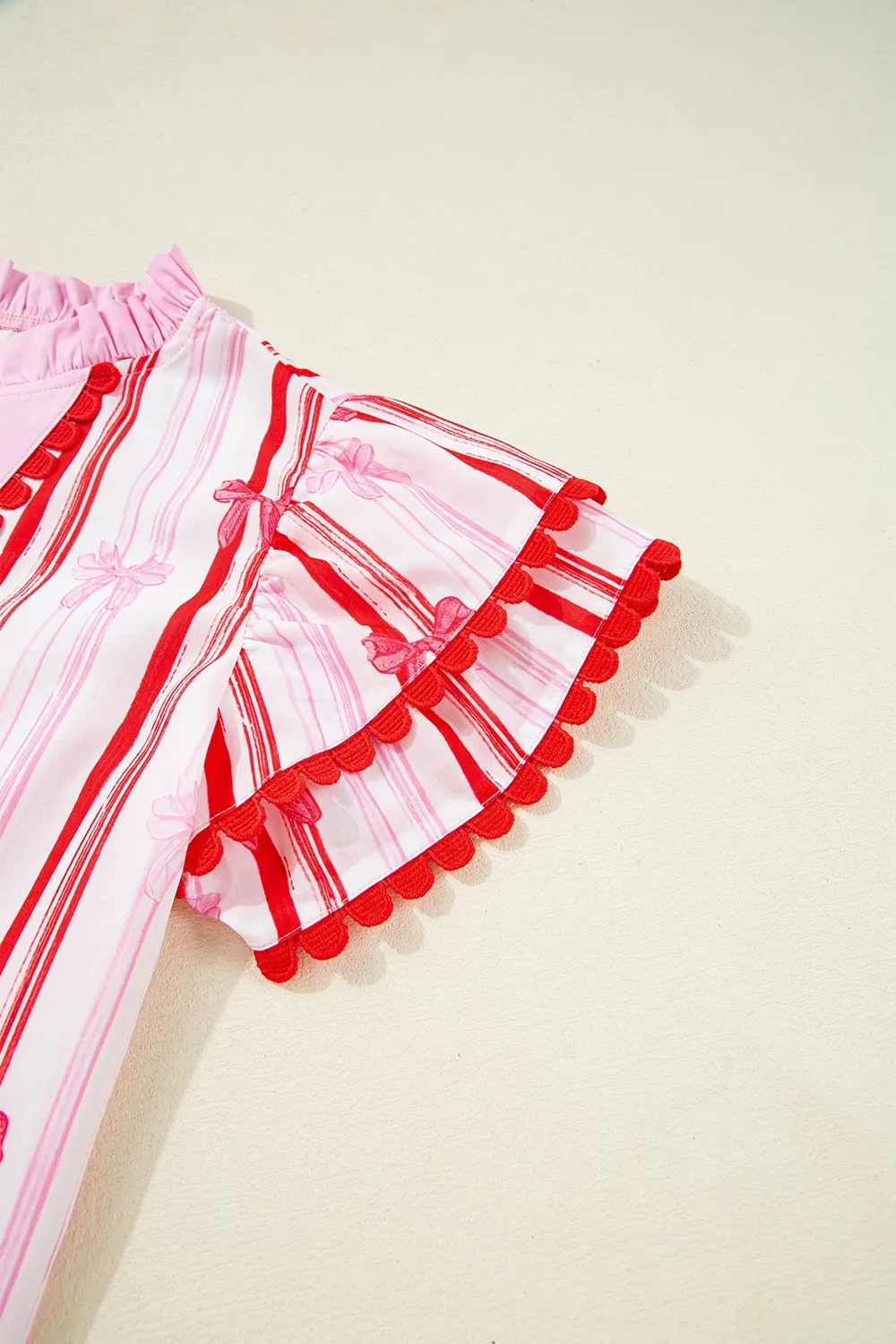 Ric-Rac Trim Ruffled Sleeve Striped Printed Blouse, image 5