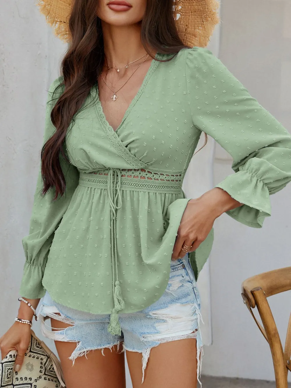 Swiss Dot Lace Detail Surplice Flounce Sleeve Blouse, image 23