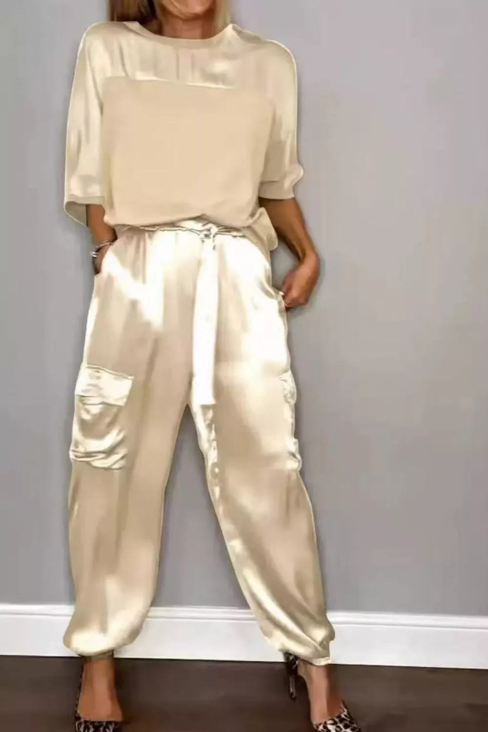 Satin Round Neck Top and Pants Set, image 11
