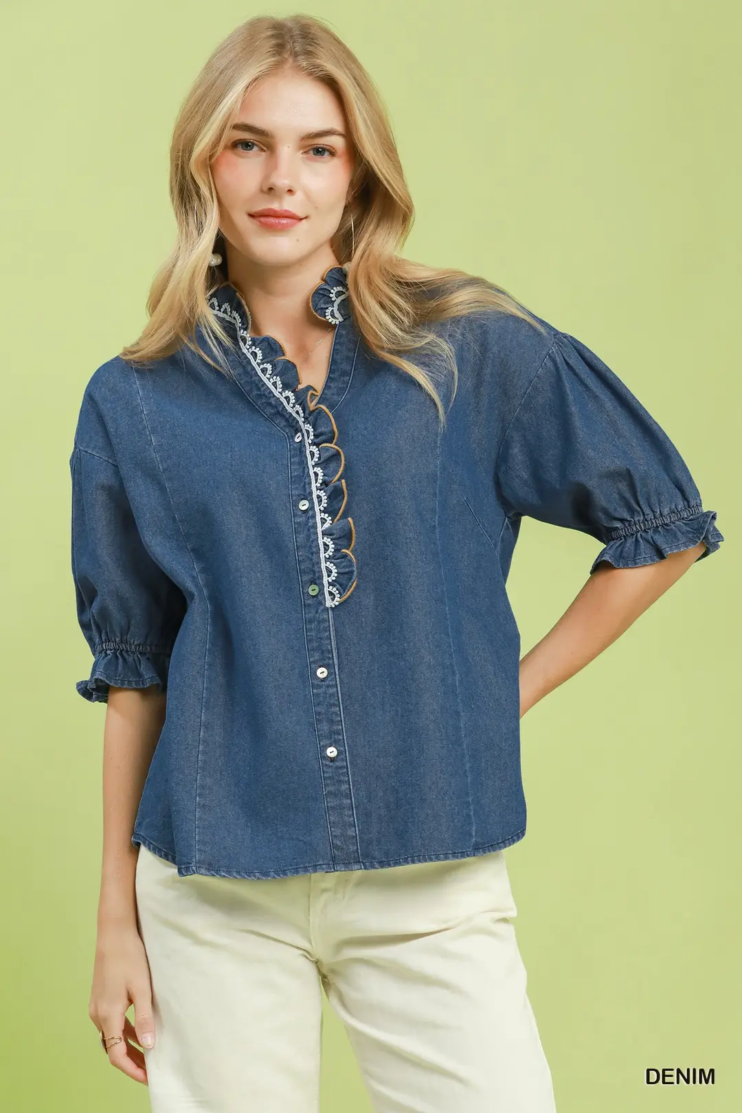 Chambray Scalloped Trim Button Front Blouse