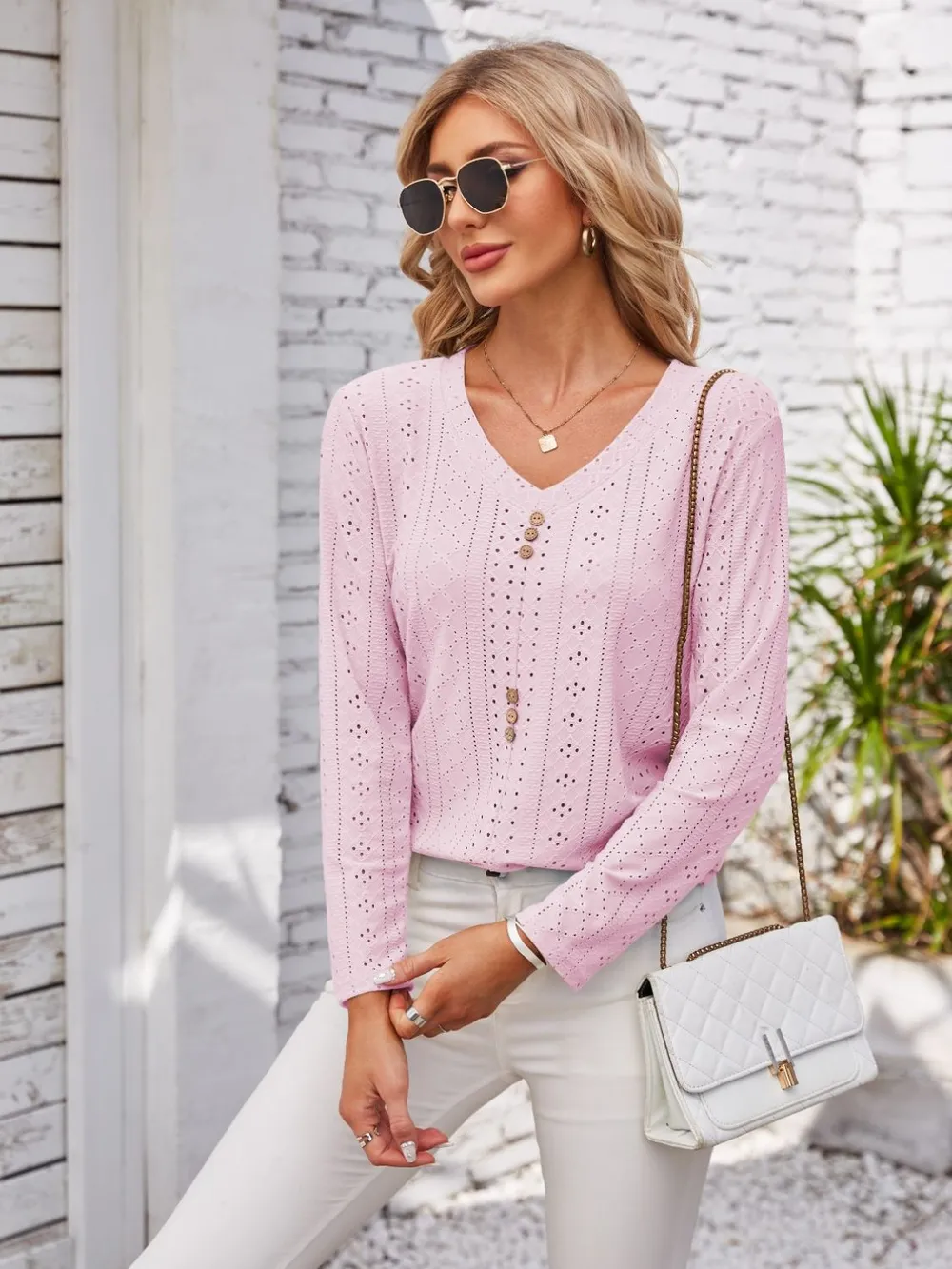 Decorative Button Openwork V-Neck T-Shirt, image 9