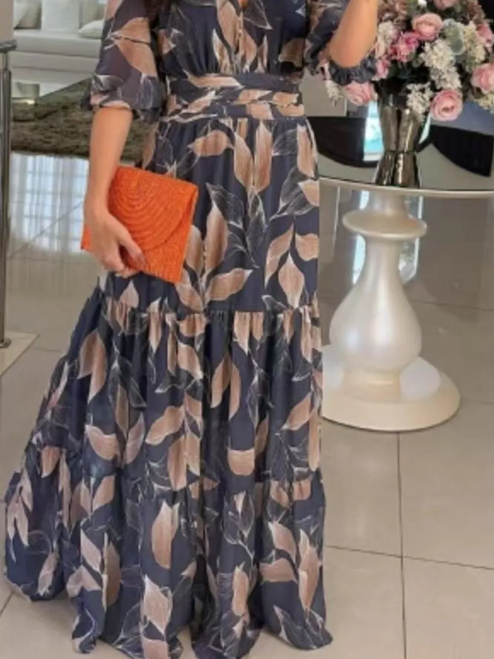 Full Size Printed V-Neck Maxi Dress with Tiered Hemline Plus Size, image 3