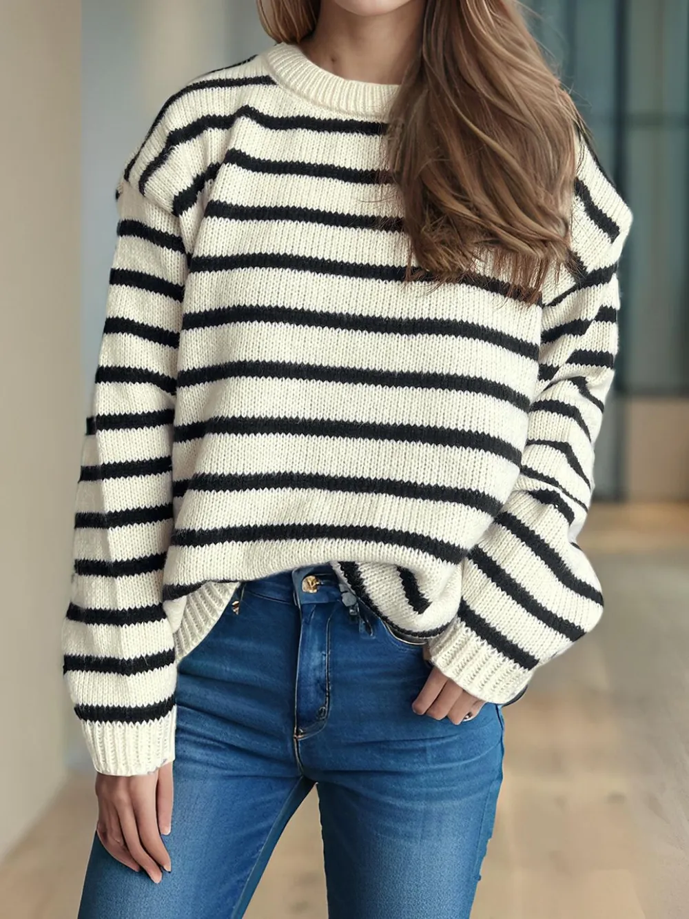 Striped Round Neck Long Sleeve Sweater, image 3