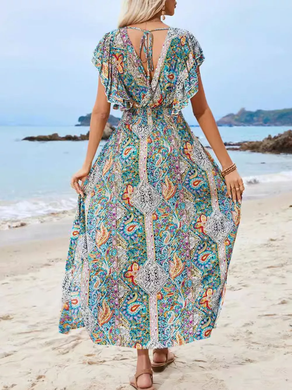 Paisley Print Flutter Sleeve Smocked Maxi Dress, image 3