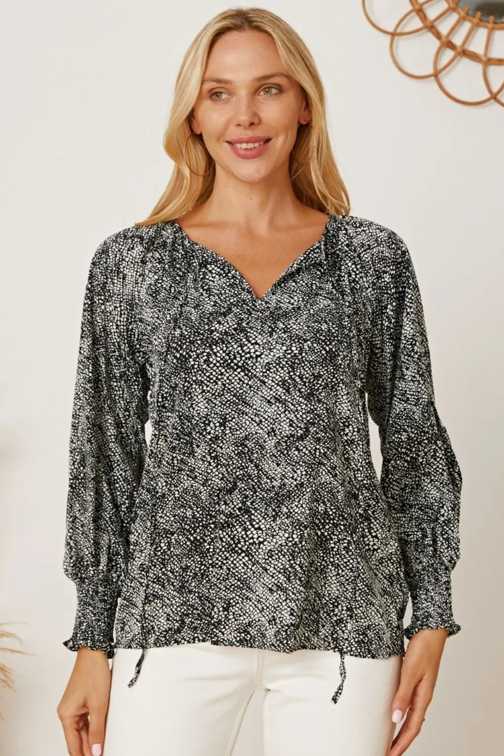 Printed Tie Neck Lantern Sleeve Blouse, image 2
