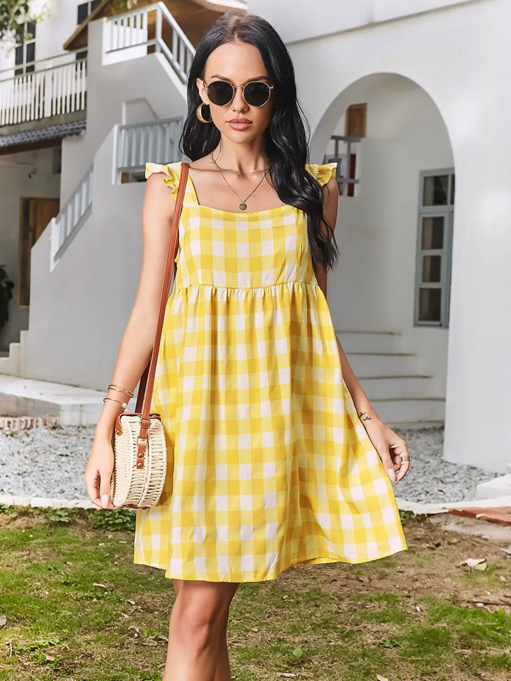 Ruffled Plaid Square Neck Mini Dress, image 5