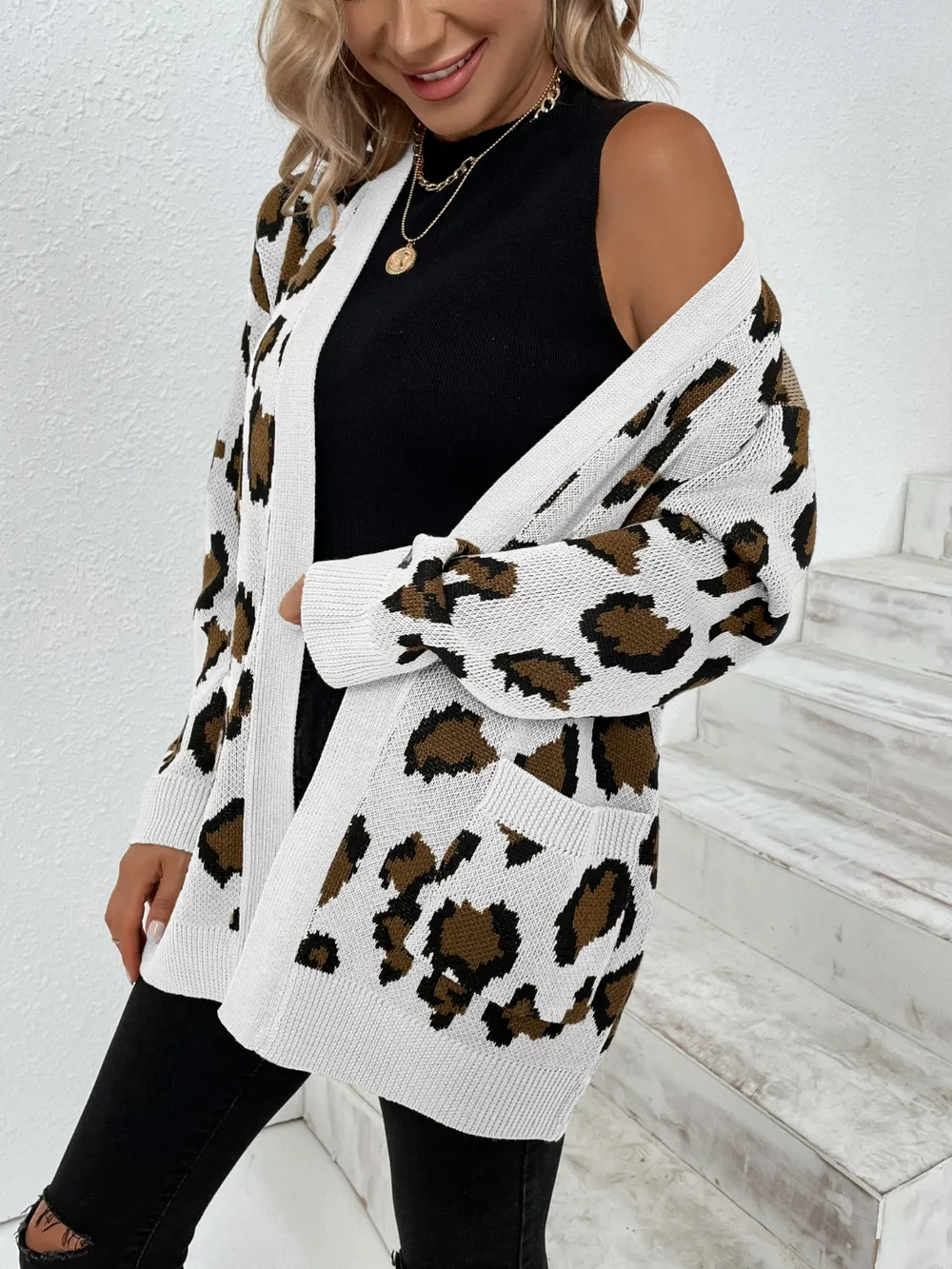 Leopard Open Front Dropped Shoulder Cardigan, image 9