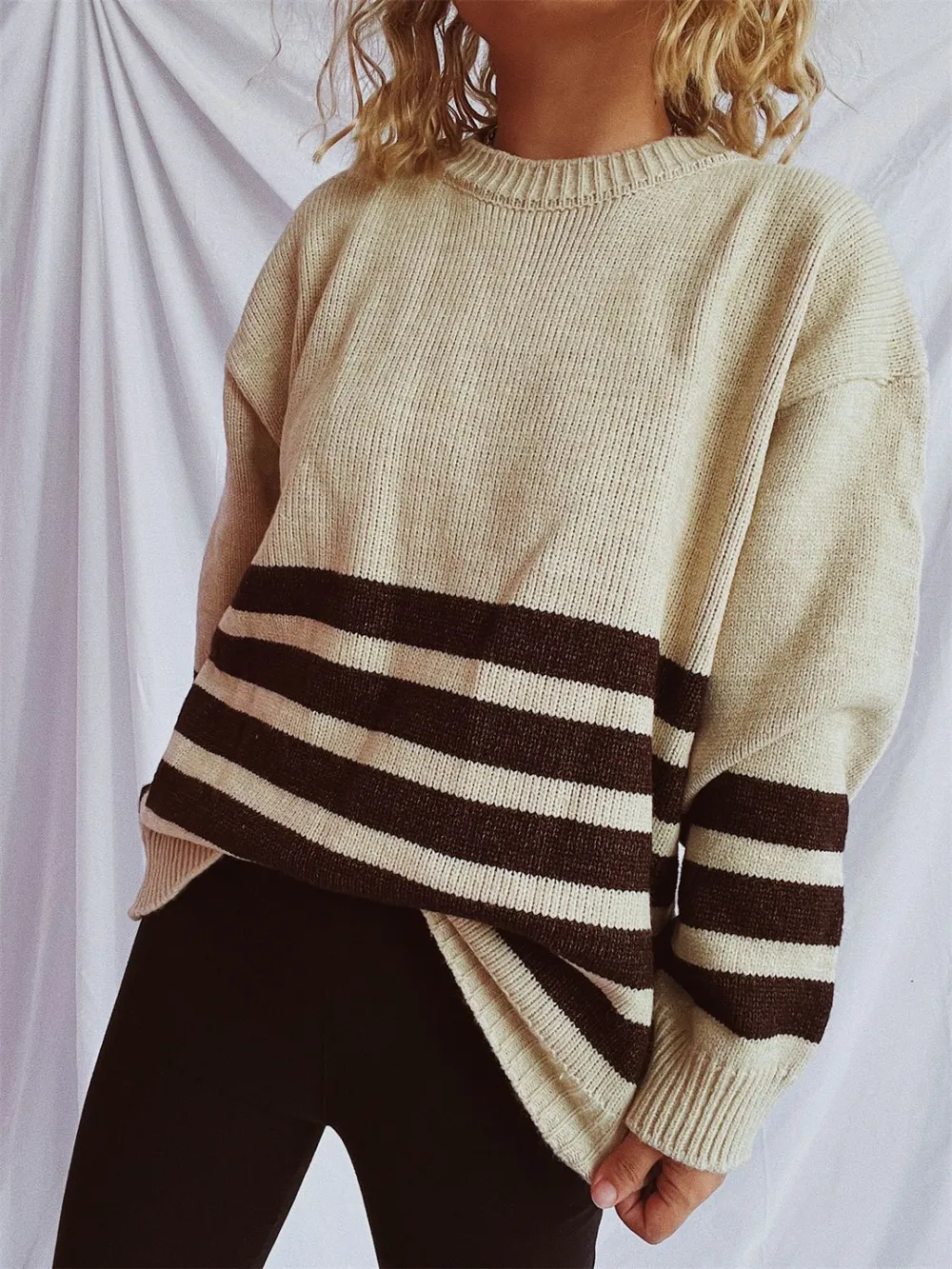Striped Dropped Shoulder Long Sleeve Sweater, image 8