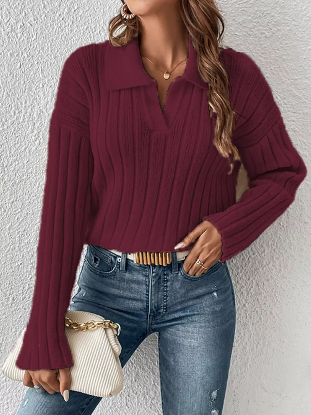 Ribbed Knit Polo Collar Sweater, image 3
