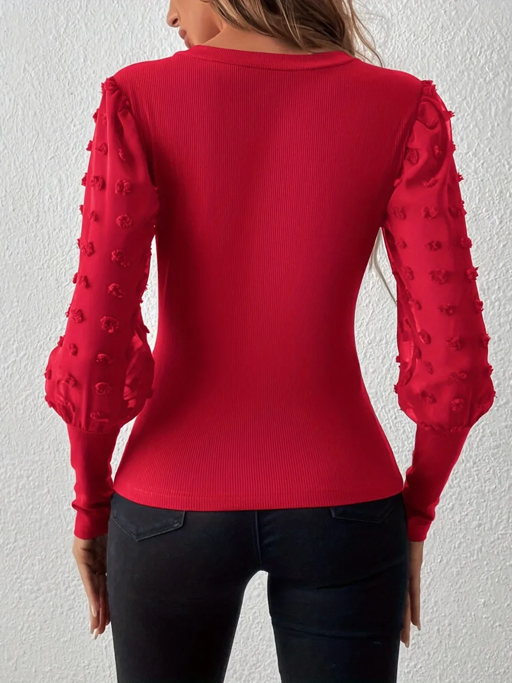 Swiss Dot V-Neck Long Sleeve Top, image 5