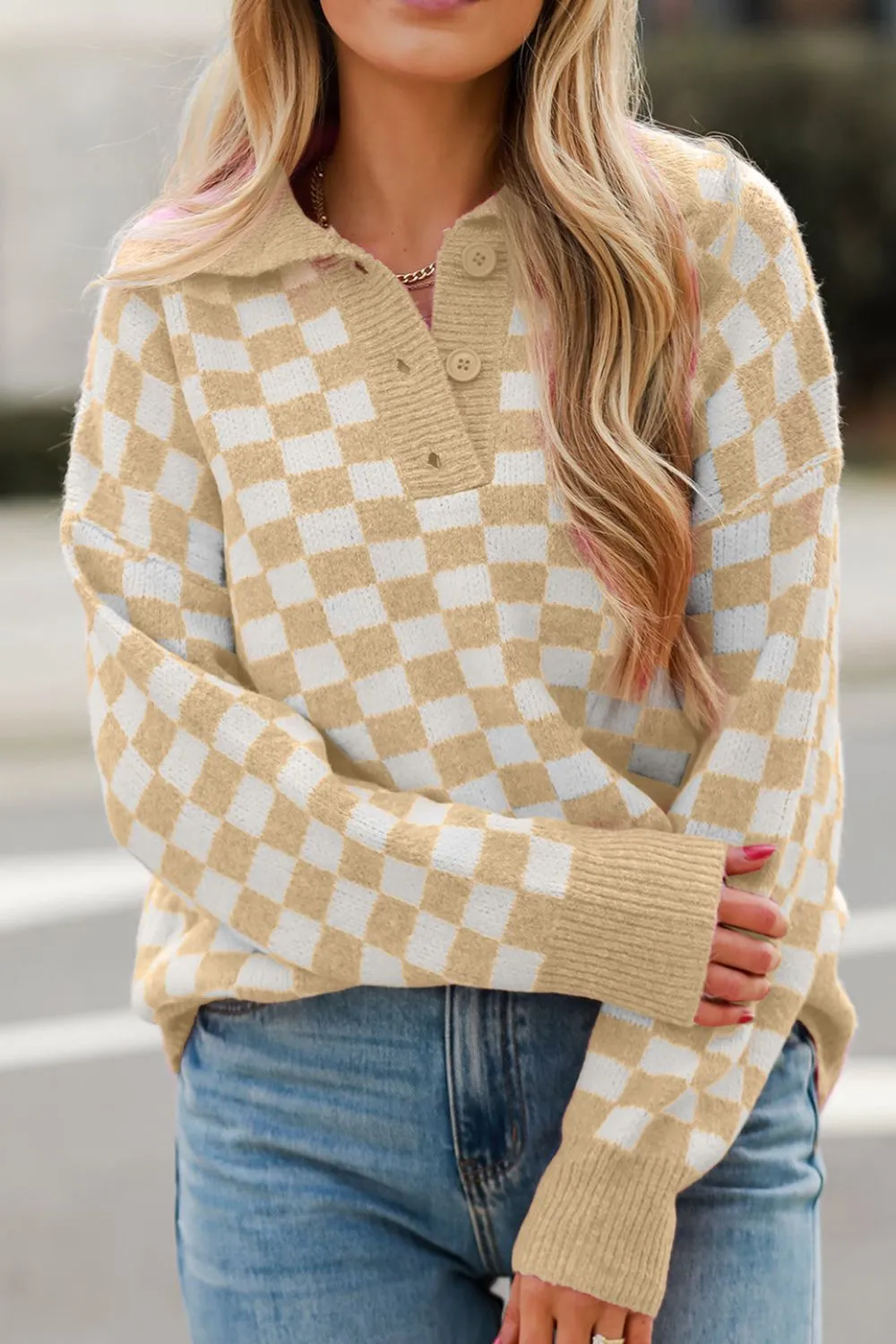 Checkered Collared Neck Long Sleeve Sweater, image 13