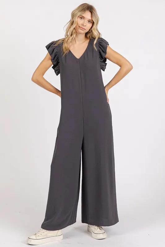 V-Neck Ruffled Cap Sleeve Wide Leg Jumpsuit, image 3