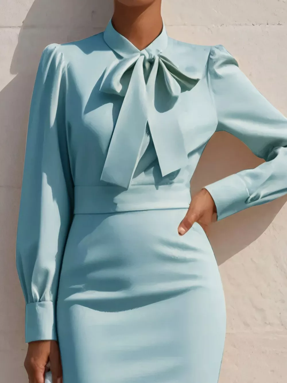 Bow Tie Neck Long Sleeve Bodycon Dress, image 4