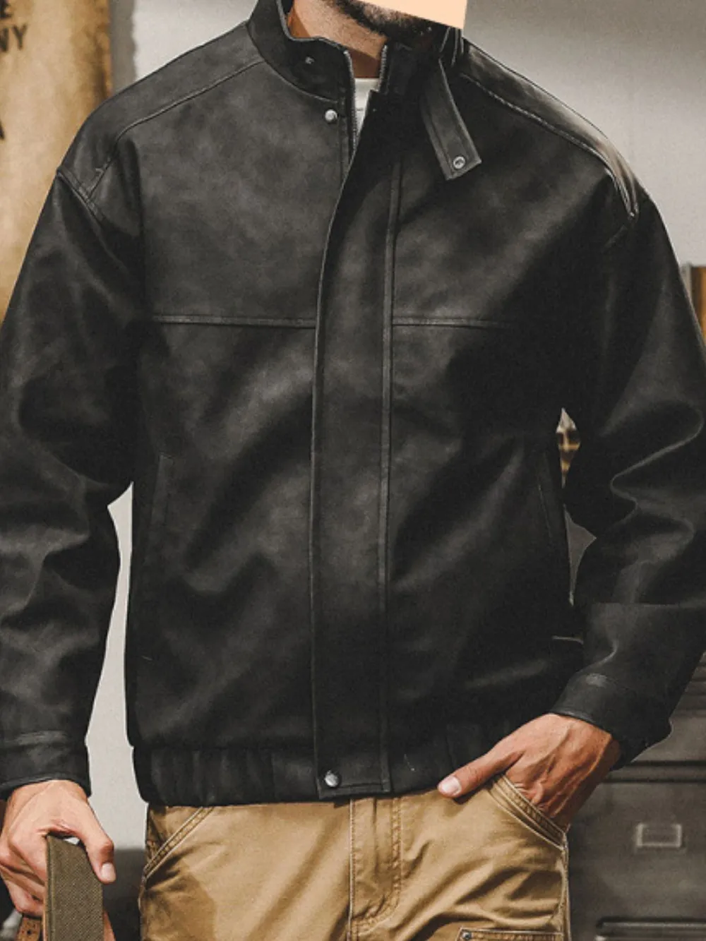 Men's Plus Size Zip Up Stand Collar Biker Jacket, image 6