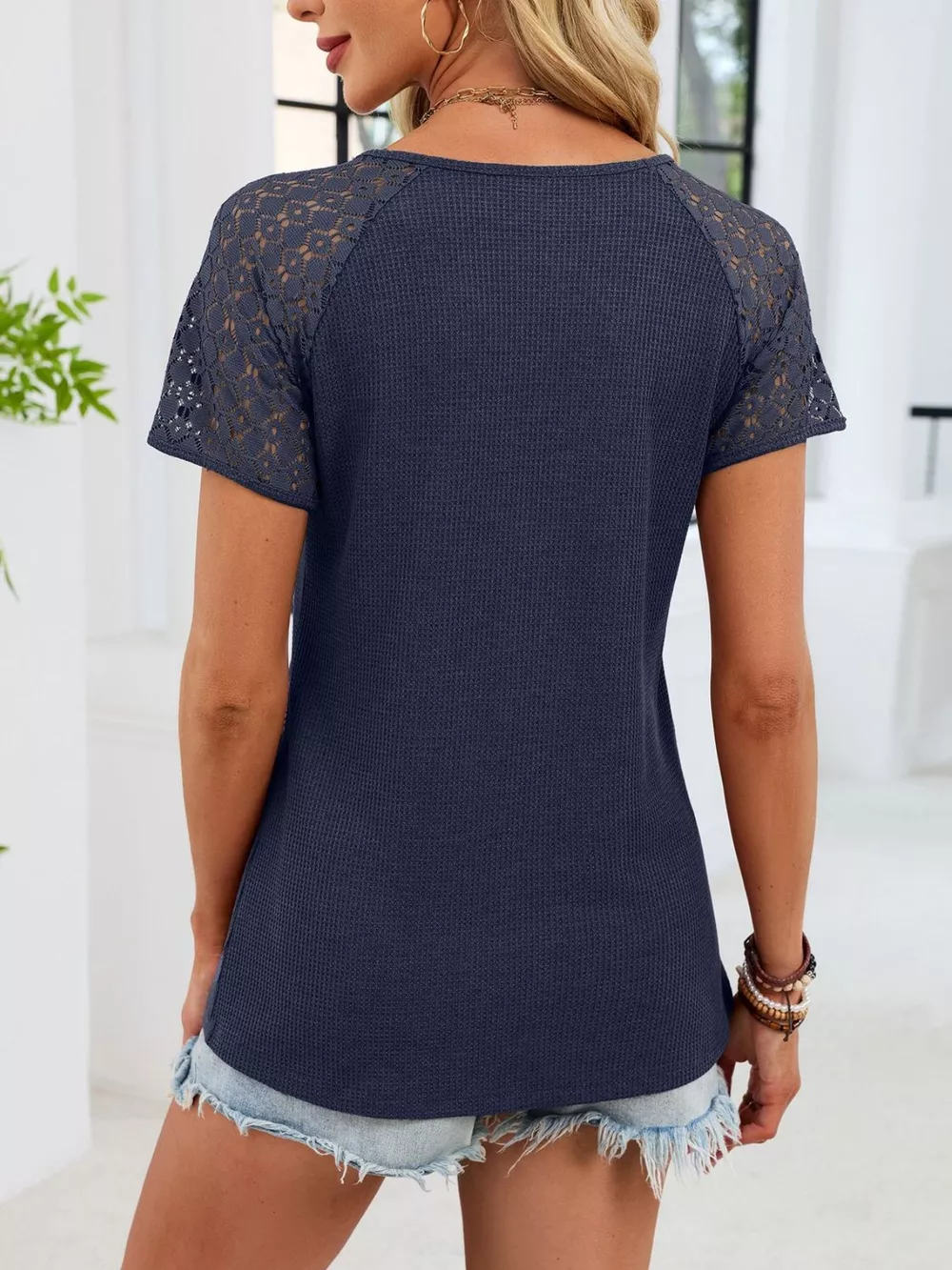 Lace Sleeve V-Neck Waffle Knit T-Shirt, image 8