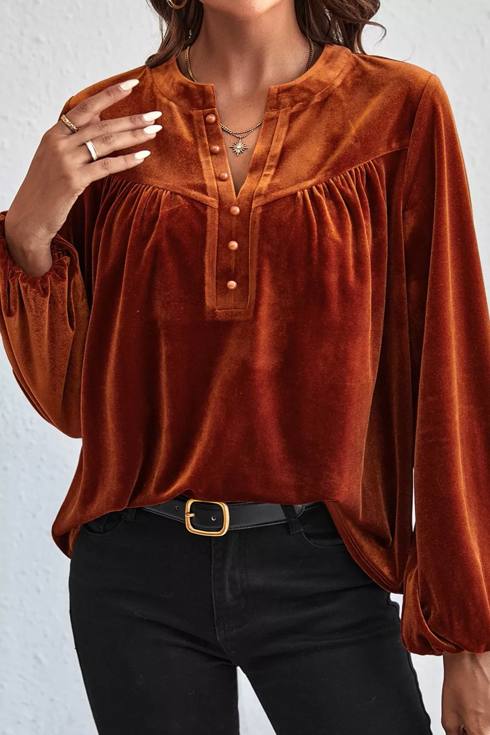 Velvet Button-Front Long Sleeve Blouse, image 6