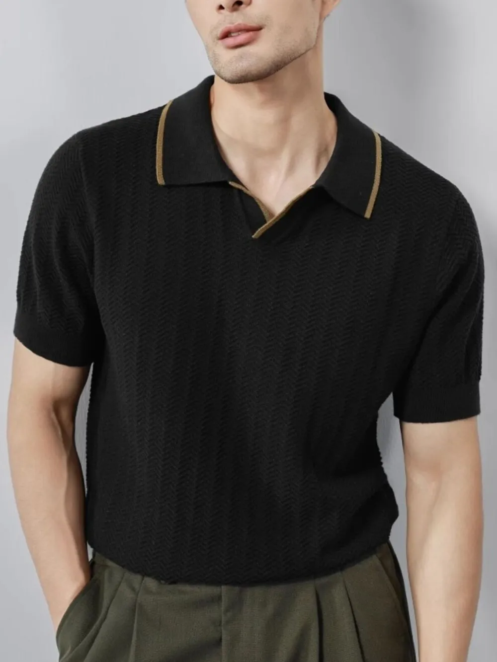 Men's Plus Size Textured Contrast Trim Short Sleeve Polo, image 5