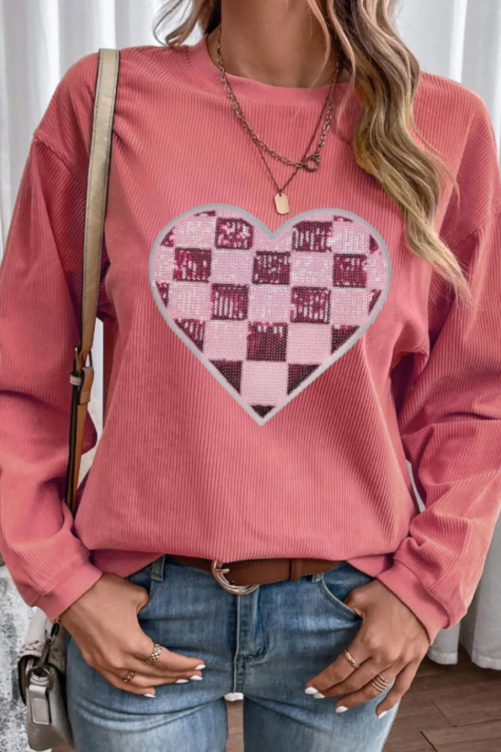 Valentine’s Day Sequin Checkered Heart Long Sleeve Sweatshirt, image 4