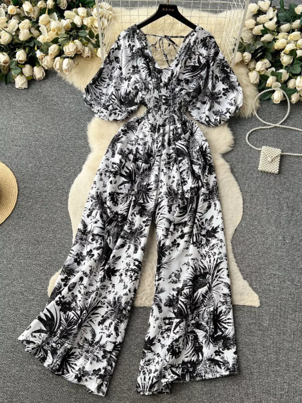 Smocked V-Neck Wide Leg Jumpsuit, image 31