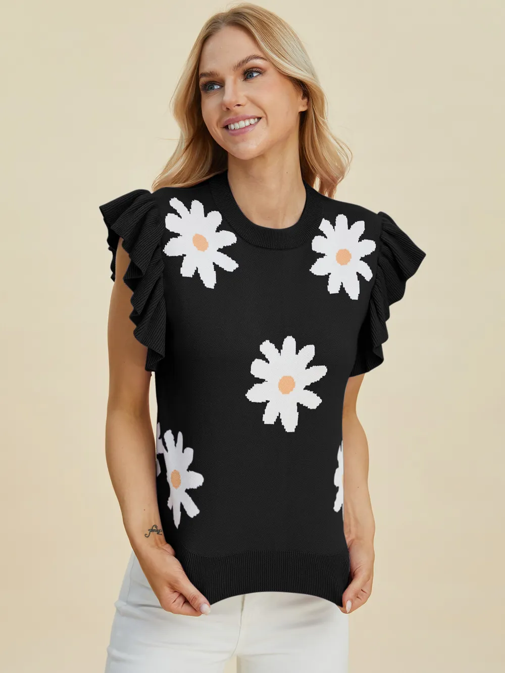 Full Size Ruffled Flower Round Neck Cap Sleeve Sweater