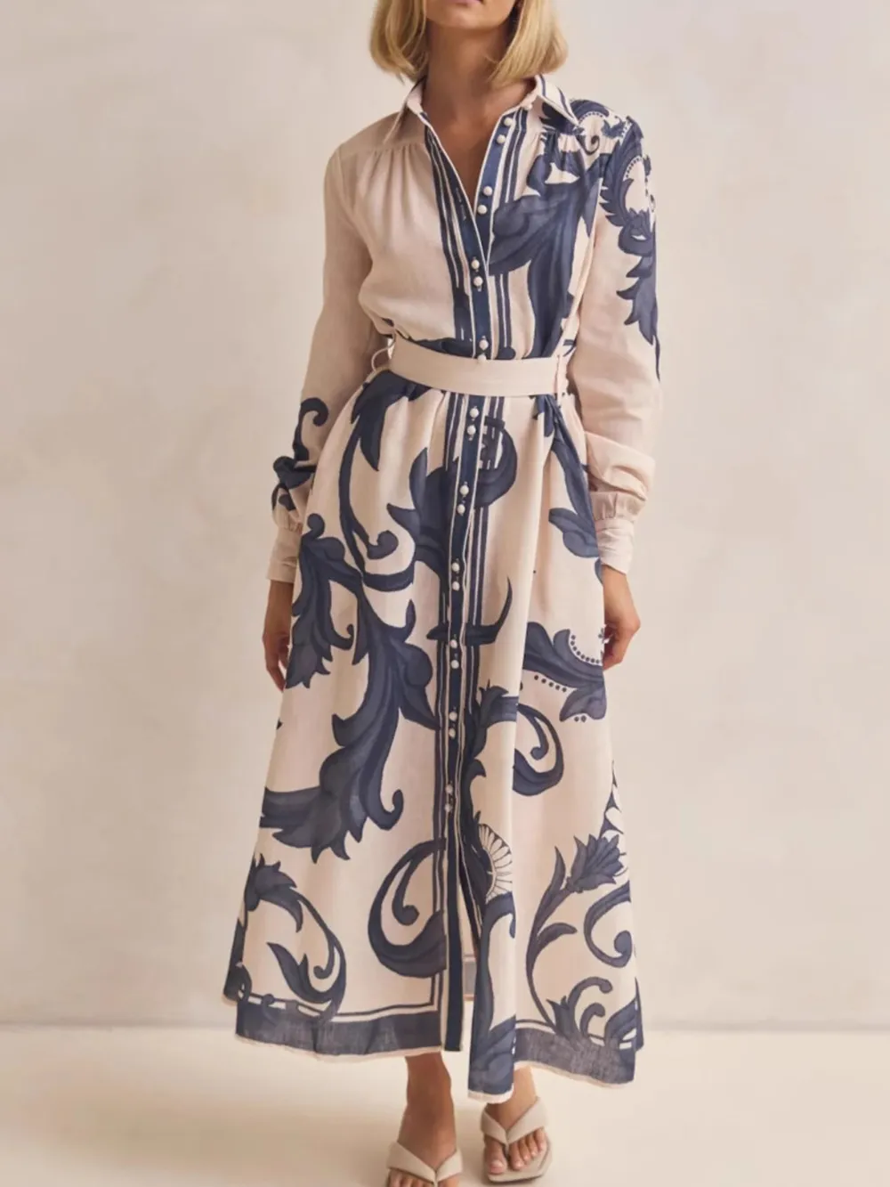 Printed Button Down Belted Shirt Dress, image 9