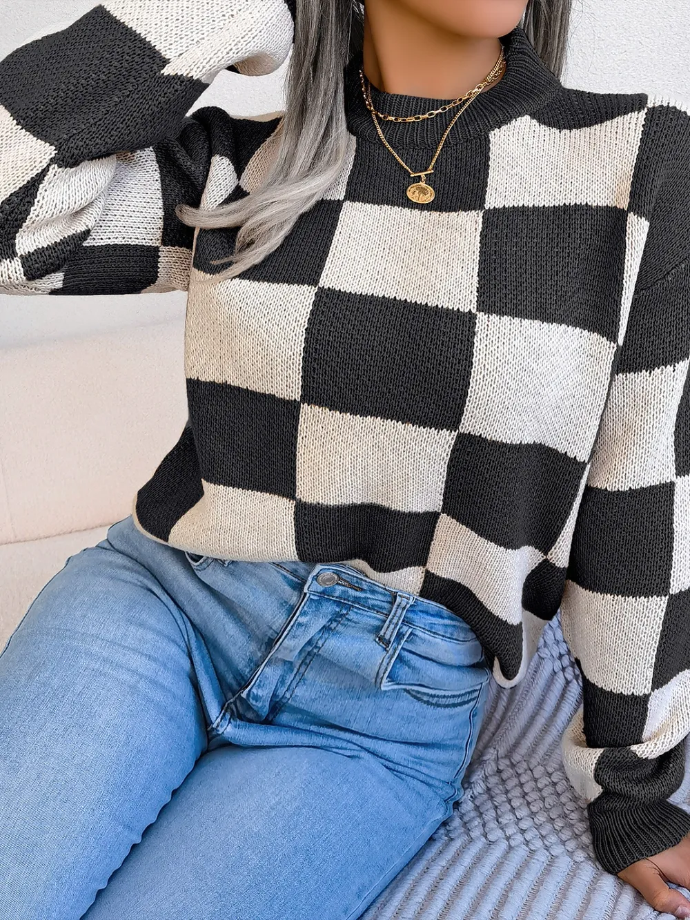 Checkered Mock Neck Long Sleeve Sweater, image 6